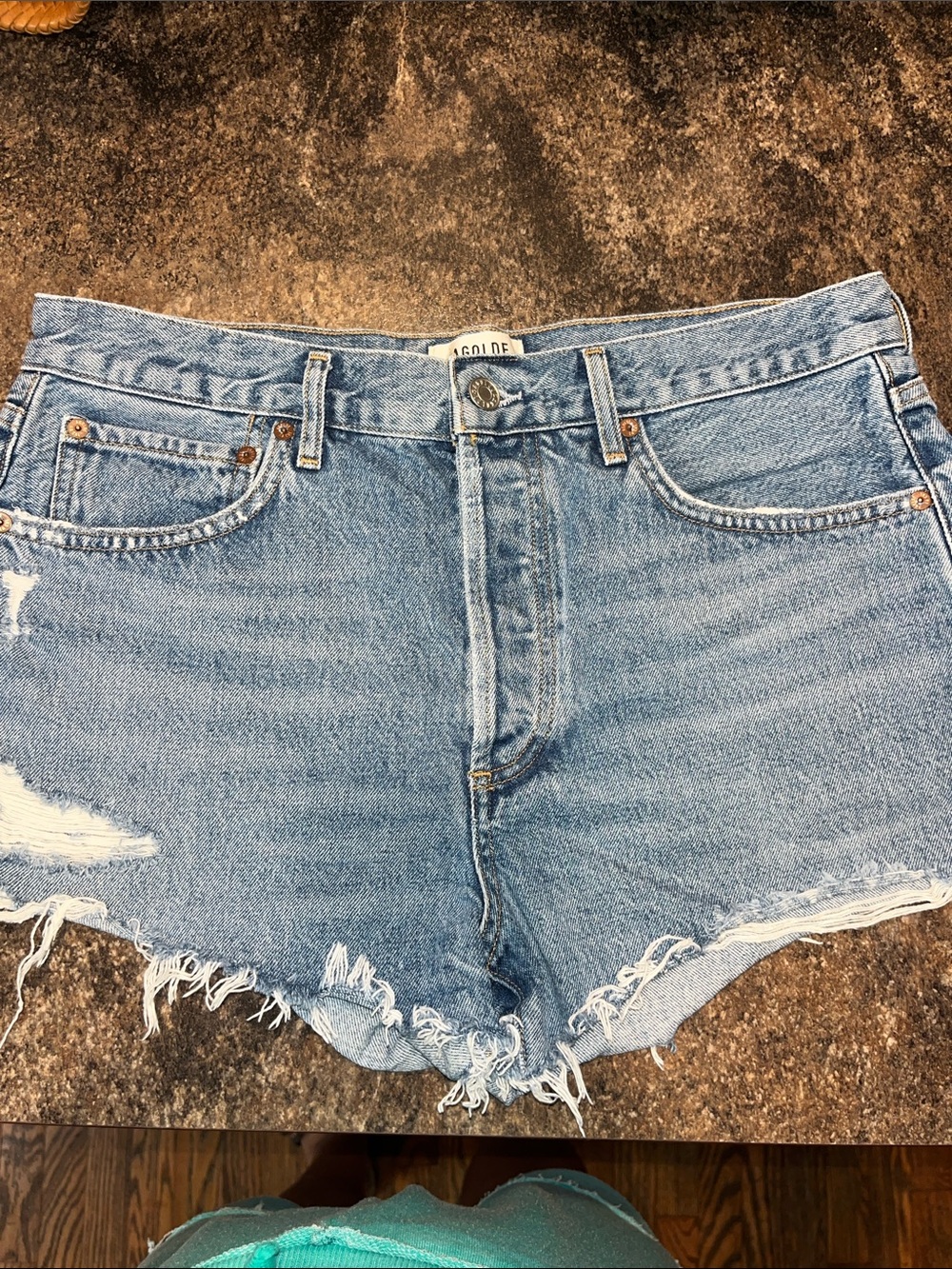 Agolde Light Wash Frayed Hem Denim Shorts